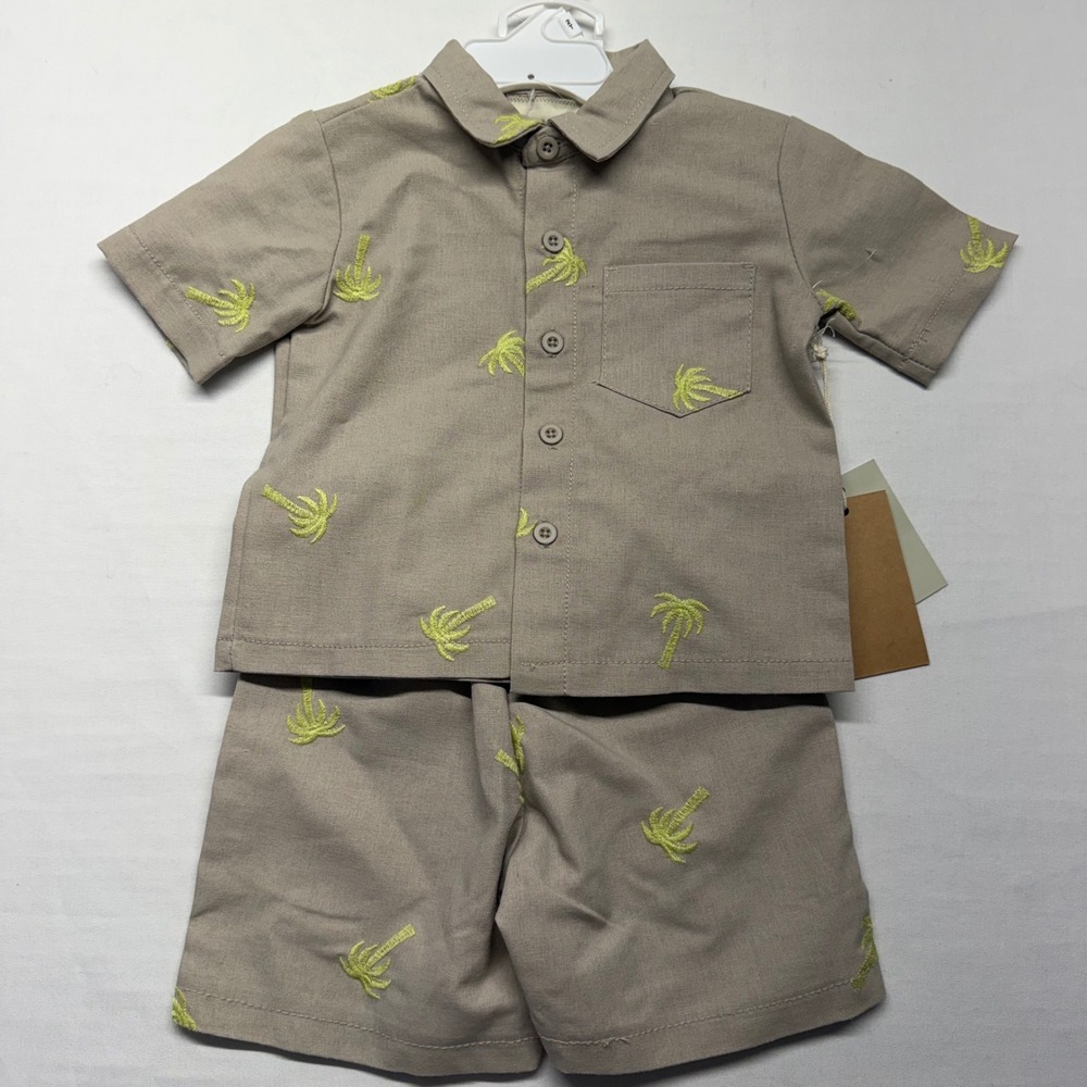 Toddler 2T Palm Tree Linen Blend Matching Set Tropical Resort Vacation Outfit